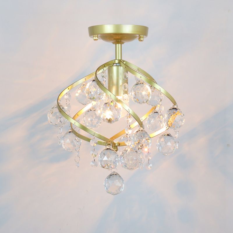 Metal Geometrical Semi Flush Traditional 1 Light Corridor Crystal Ceiling Mounted Fixture in Brass
