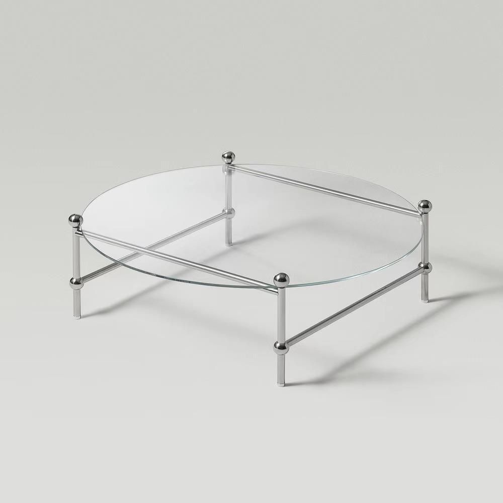 Contemporary Round Coffee Table with Glass Top and Steel Legs in Clear