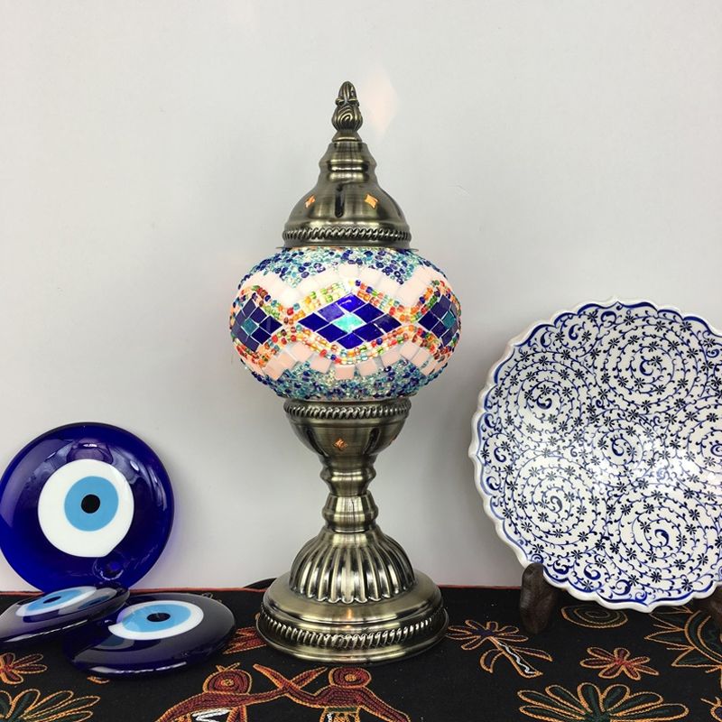 Single Night Stand Light Turkish Bedroom Table Lamp with Spherical Yellow/Red/Blue Glass Shade in Bronze
