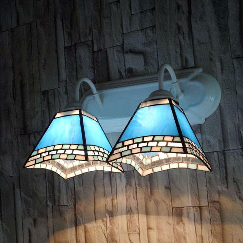 2 Heads Pyramid Wall Lamp with Blue Glass Shade Nautical Wall Mount Light for Bathroom