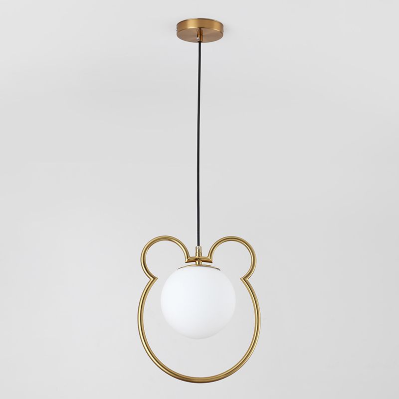 Nordic Minimalism Little Bear Lines Frame Hanging Light with White Glass Ball Shade Mini Pendant Fixtures for Bedside