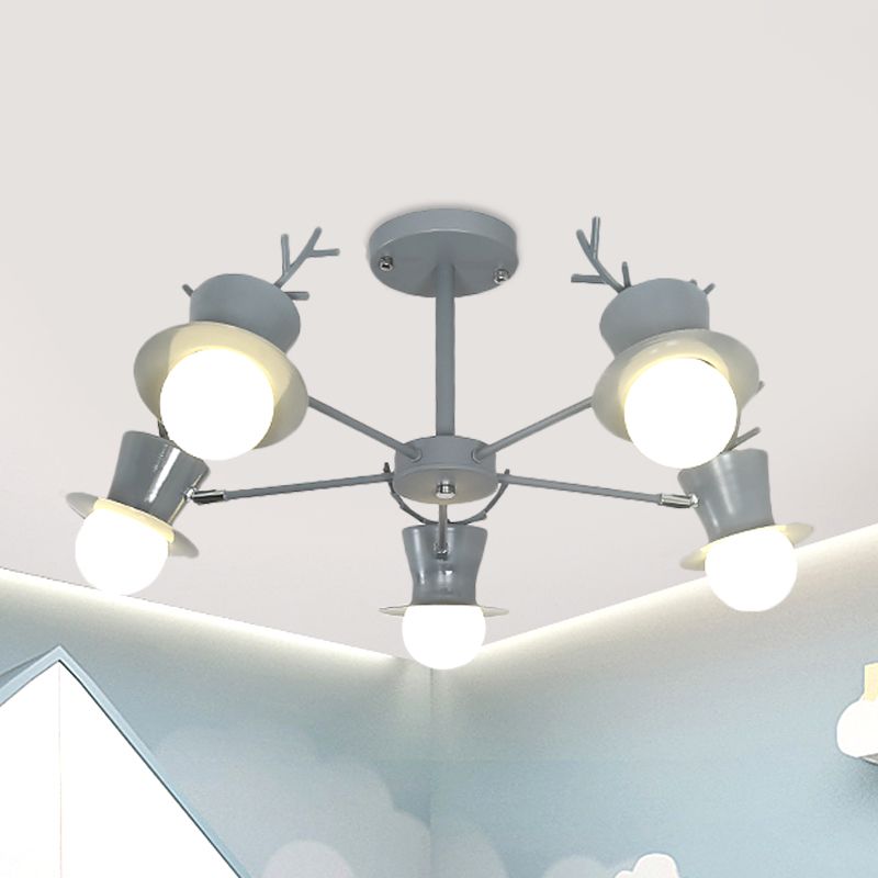 5/8-Head Sitting Room Chandelier Light Nordic Grey/Black Rotatable Hanging Lamp with Antler Cap Iron Shade