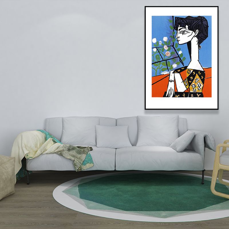 Woman and Flower Wall Art Print Blue Canvas Painting Textured for Living Room (Multiple Sizes)