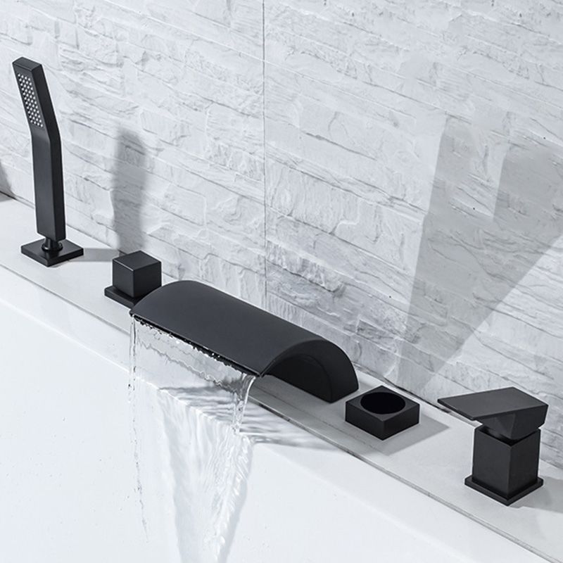 Modern Waterfall Tub Spout 2 Handles Deck Mount Roman Tub Faucet in Black and Chrome