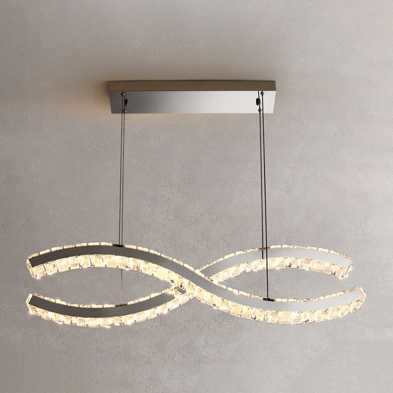 2 Light Linear Island Lights Modernism Crystal Island Light Fixtures in Silver Finish