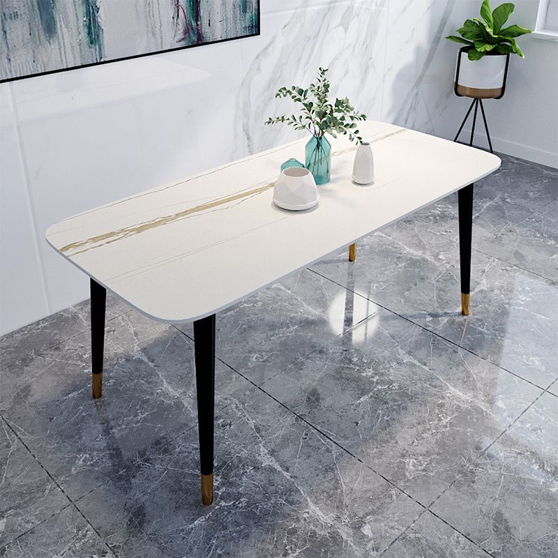 Rectangle Black Base Dining Table Modern Stone 4 Iron Legs Table
