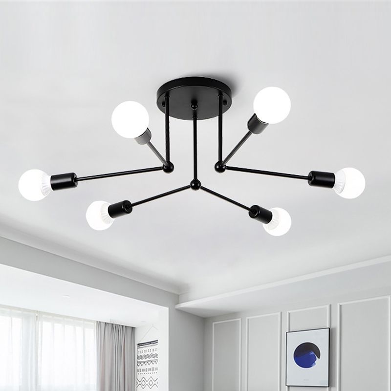 Luz semi empotrada radial de metal, iluminación contemporánea de 6 cabezales cerca del techo, en negro
