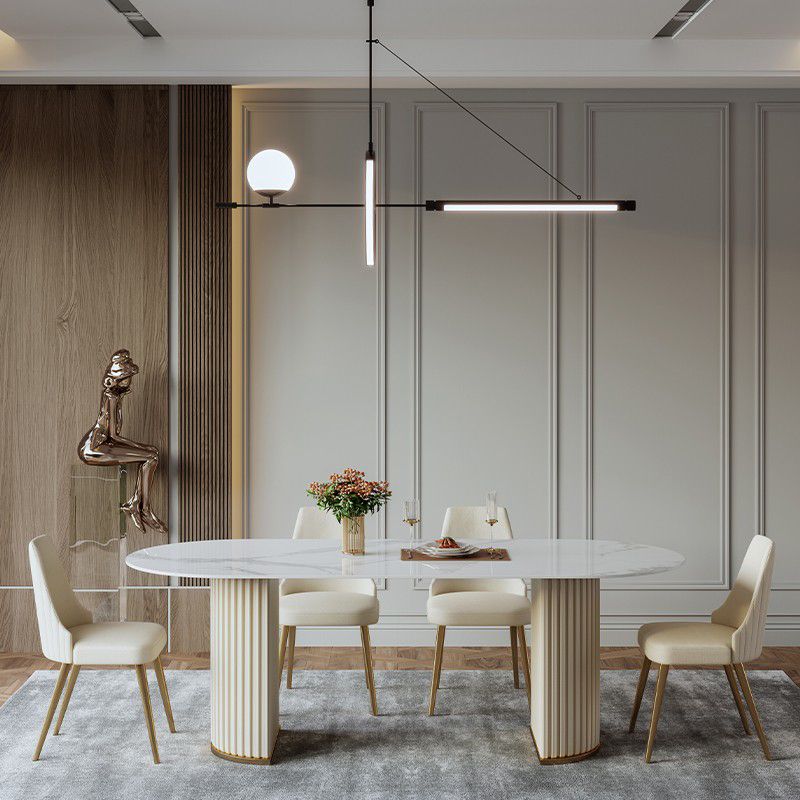 Mesa de comedor ovalada moderna de metal mesa de piedra sinterizada blanca con pedestal doble