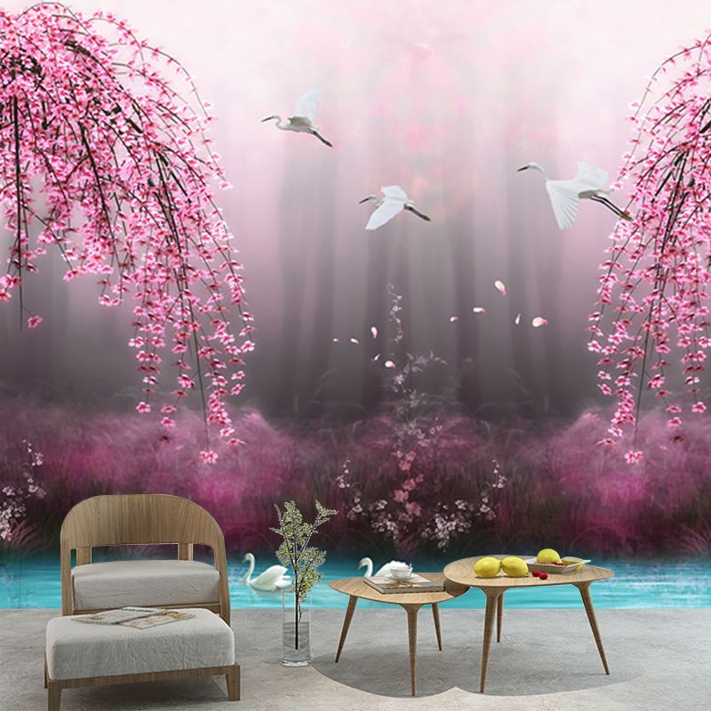 Beautiful Swan Lake Murals for Bedroom Cherry Blossom Wall Decor, Custom Size Available