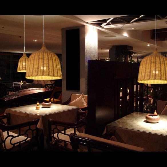 Chinese Basket Pendant Lighting Fixtures Rattan Hanging Light with Hanging Cord for Restaurant