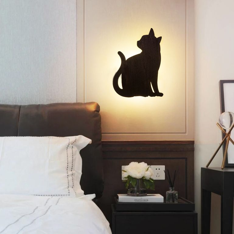 Kitten Kid Bedroom Hallway Sconce Light Wood Animal LED Wall Sconce in Black Finish