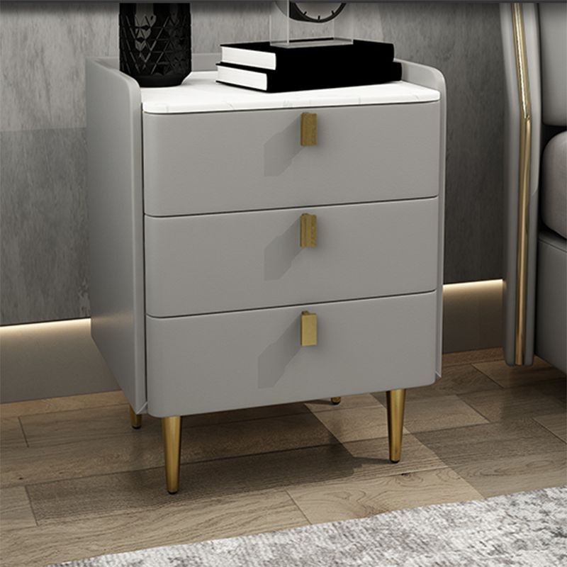 Faux Leather Nightstand Modern 3 - Drawer Nightstand with Stone Top