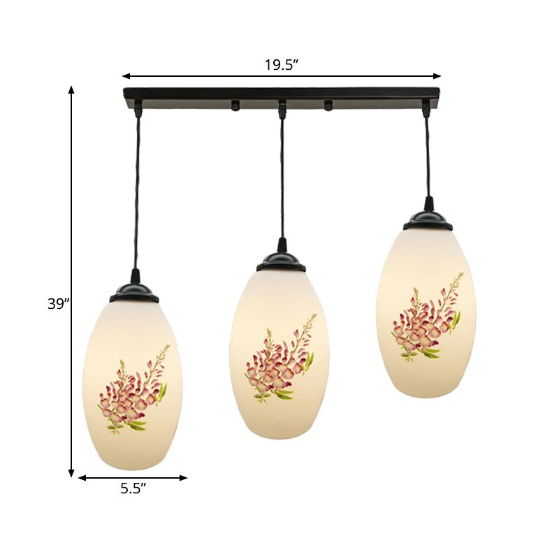 Minimalism Oval Multi Lamp Pendant 3 Heads White Frosted Glass Suspension Light in Black with Linear/Round Canopy