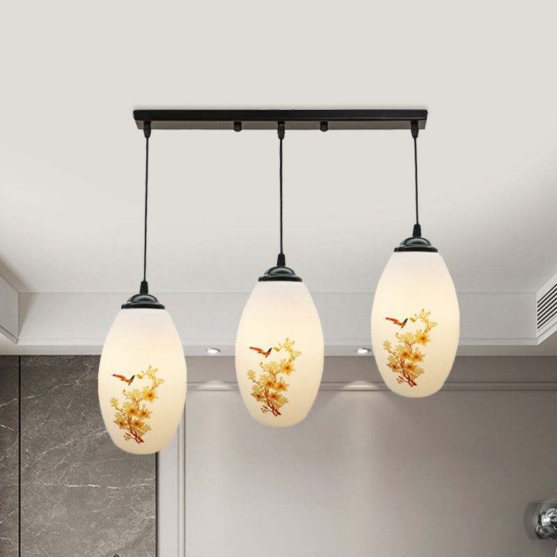 3 Bulbs Multiple Hanging Light Modern Oblong Frosted White Glass Linear/Round Canopy Pendulum Lamp with Flower Pattern