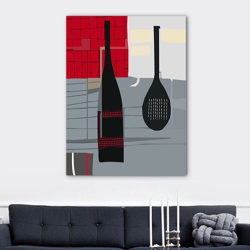 Scandinavian Wine Bottle Canvas Red and Grey Textured Wall Art Print for Living Room