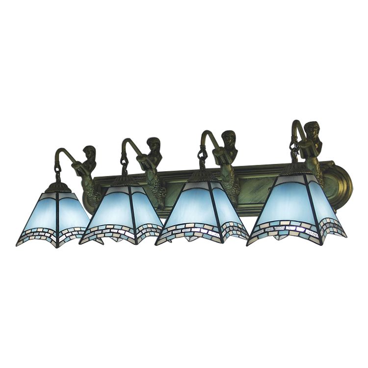Trapezoid Wall Mount Light 4 Heads Dark Blue/Light Blue Glass Tiffany Sconce Light Fixture