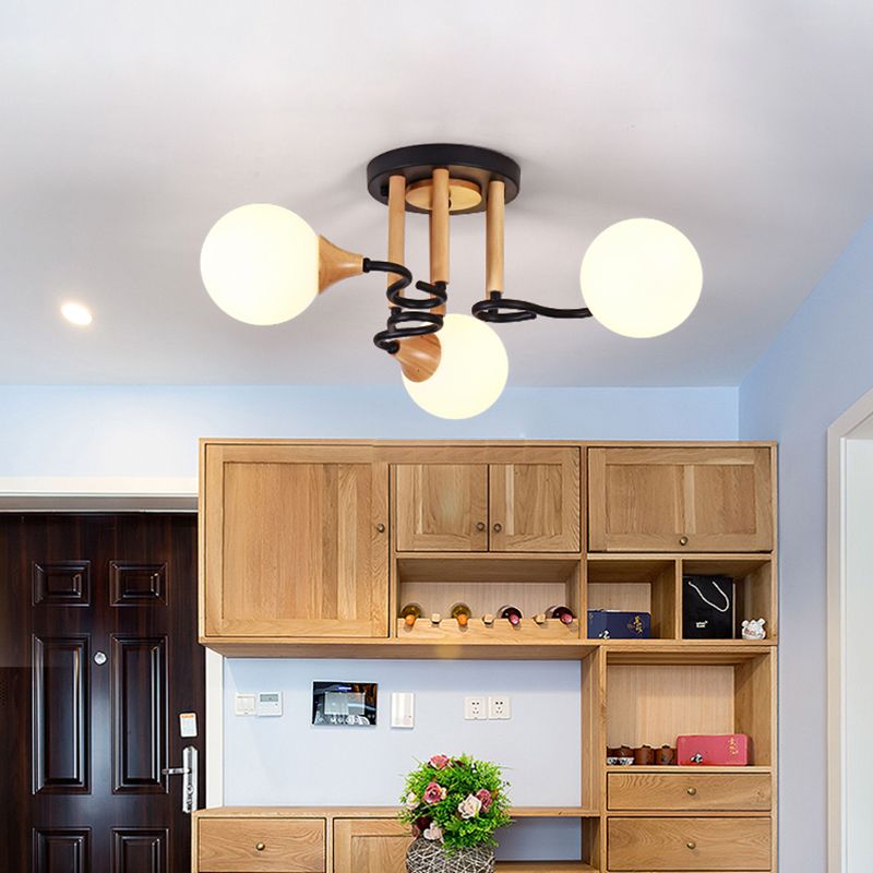 Lámpara de techo empotrada de vidrio opalino, modernismo, lámpara de techo empotrada de vidrio opalino de 3/6 luces, esfera negra y madera