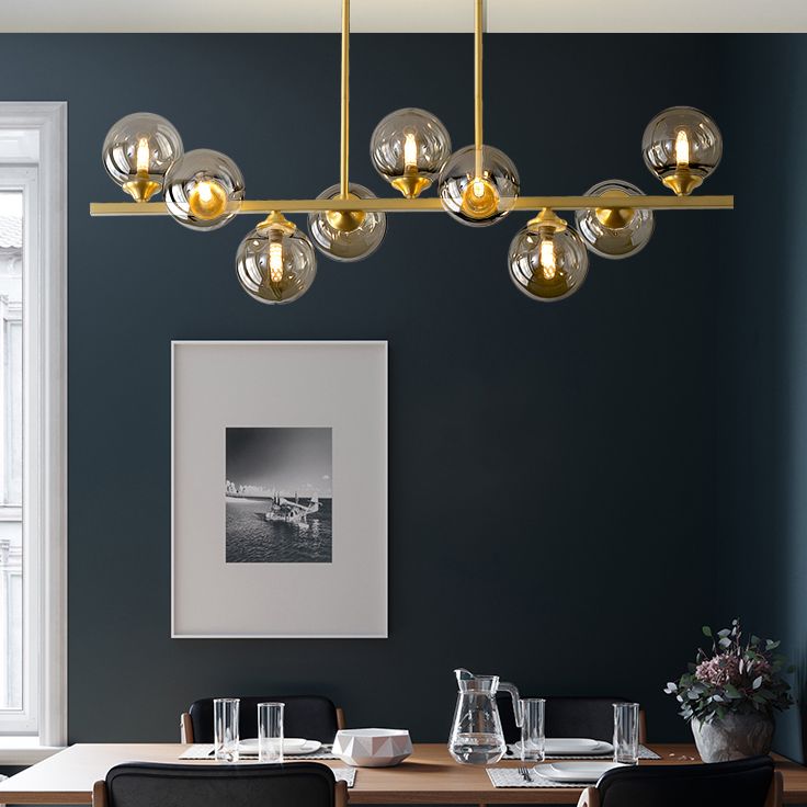 Gold Radial Island Pendant Light in Modern Luxury Style Copper Indoor Hanging Light with Amber Glass Shade