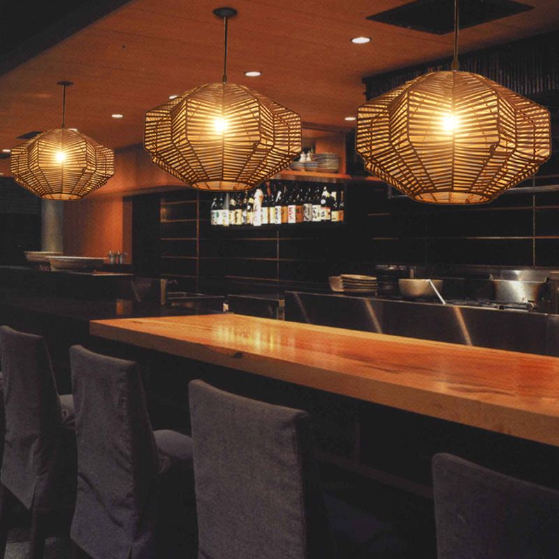 Asian Style Rattan Pendant Lamp with Geometric Shade 1 Head Restaurant Ceiling Pendant Light