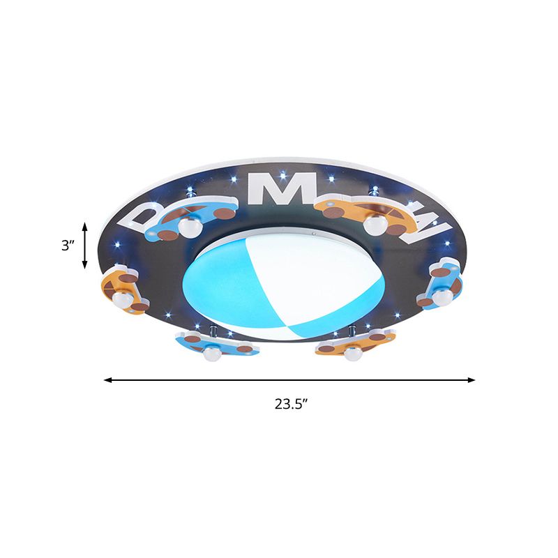 Blue Circle Flush Mount Light with Car Cartoon Modern Acrylic LED Ceiling Light for Boys Bedroom