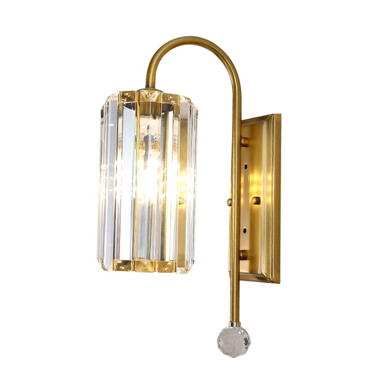 Cylindrical Clear Crystal Wall Light Vintage 1/2-Bulb Wall Sconce Light with Metal Gooseneck Arm in Gold