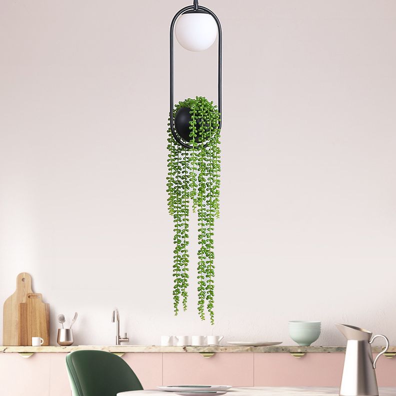 Modern Oval Metal Hanging Lamp White Glass Globe Shade 1 Light Pendant Light with Green Plant