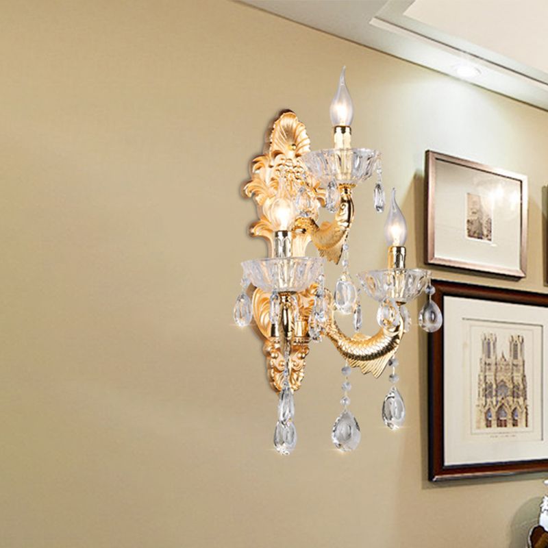 Classic Candle Wall Mount Lamp 3-Light Crystal Wall Light in Gold with Fish-Shaped Metal Arm