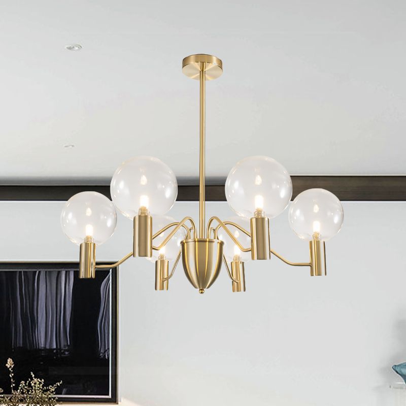 Postmodern 6-Light Hanging Chandelier Gold Finish Spherical Suspension Pendant with Clear Glass Shade