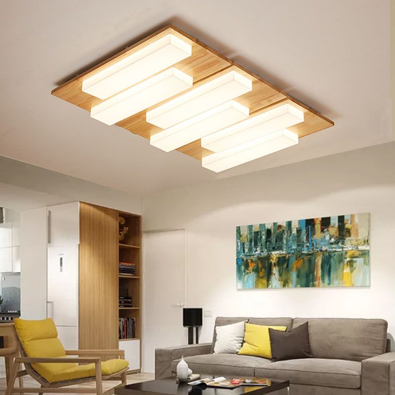 Lámpara de techo LED Beige acrílica de madera clara empotrada rectangular de estilo japonés en Natural/blanco para baño