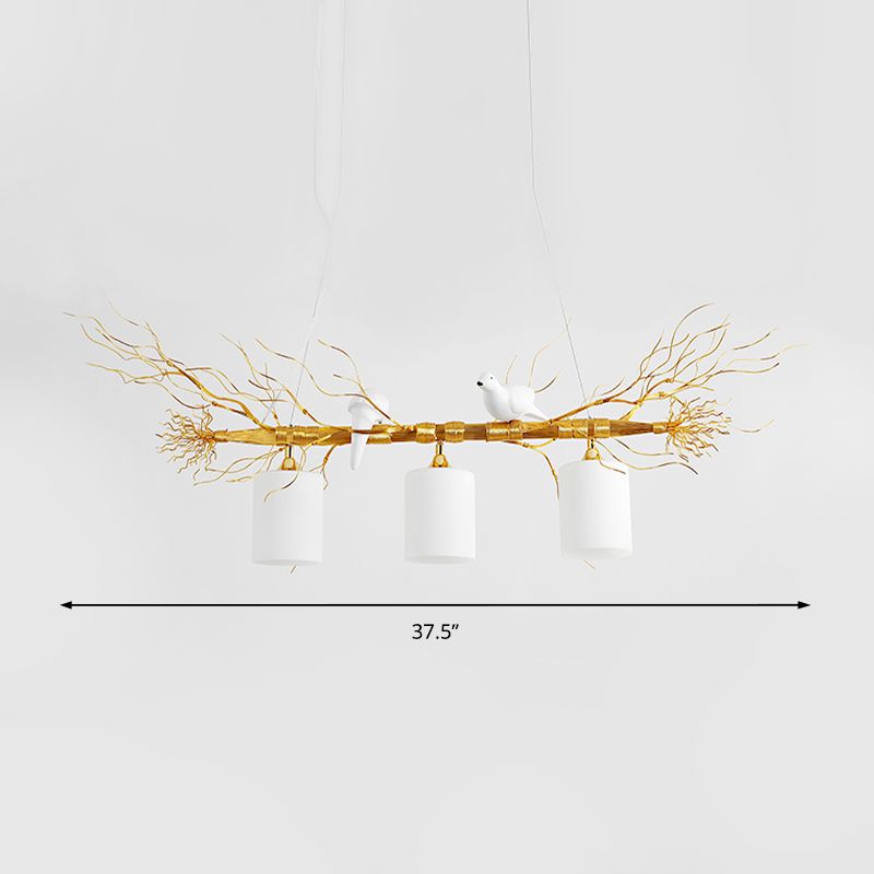Cylinder Ceiling Island Pendant Modern 3-Head White Glass Hanging Light Fixture with Gold/Silver Branch