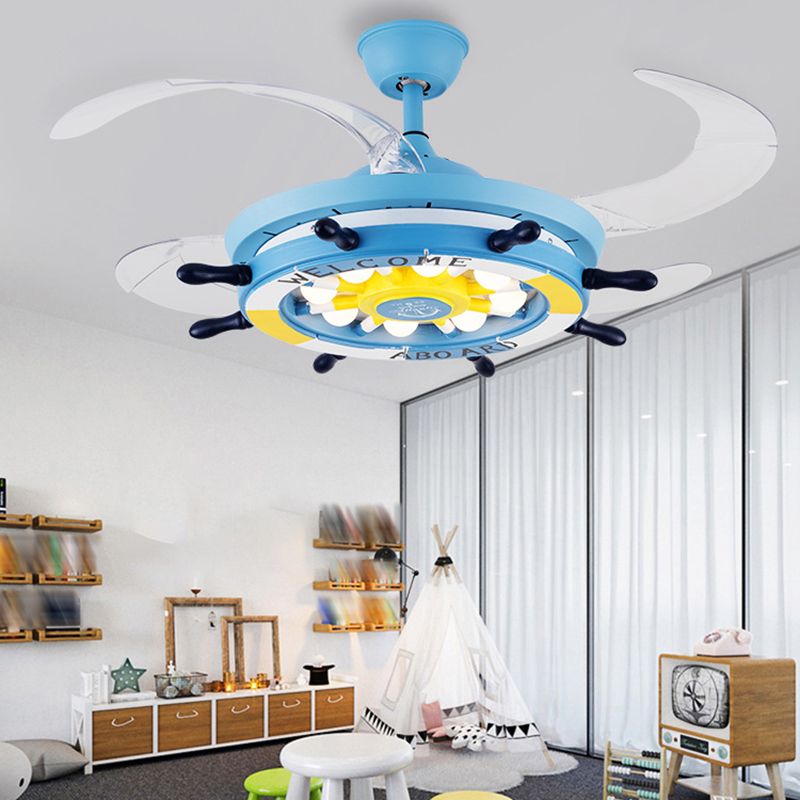 42" Cartoon Rudder Ceiling Fan Lamp Metallic Child Room LED Semi Flush Light