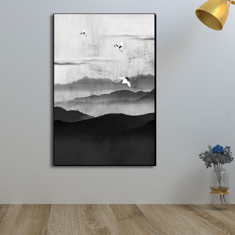 Cloudy Mountain View Canvas Art Asian Textured Wall Decor in Black for Sitting Room