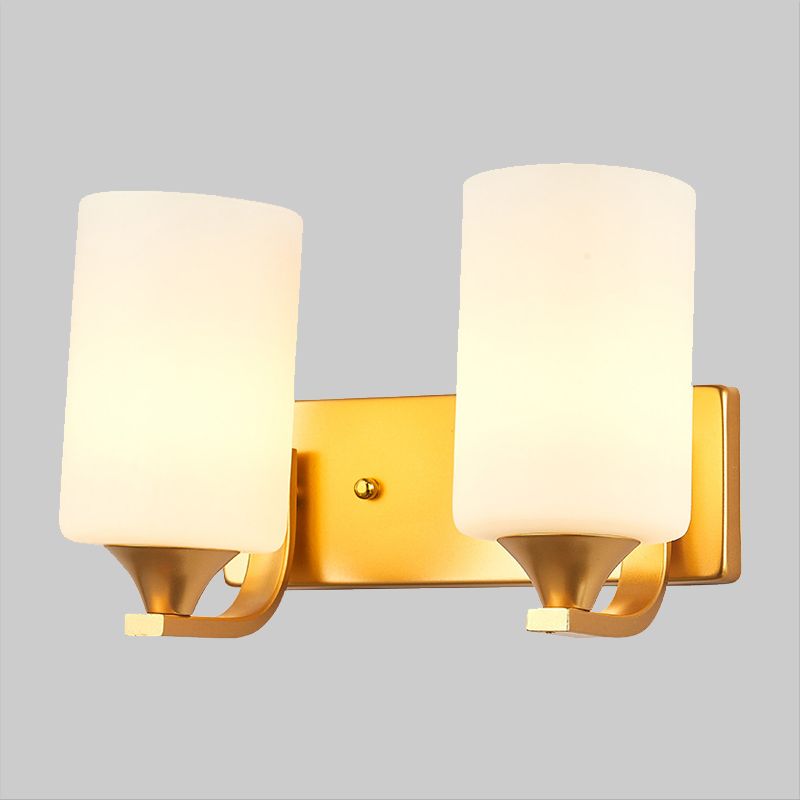 2-Bulb Wall Mount Lamp Traditional Cylindrical Milky Glass Wall Lighting Fixture in Gold