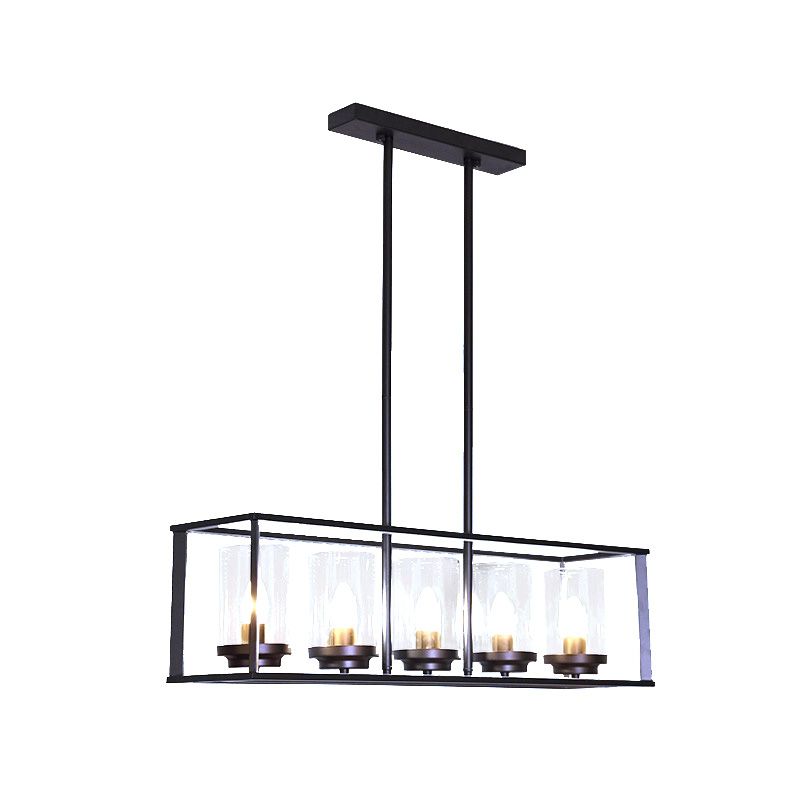 5/6 Lights Dining Room Hanging Light Kit Classic Black Island Lighting with Cylinder Clear Glass Shade