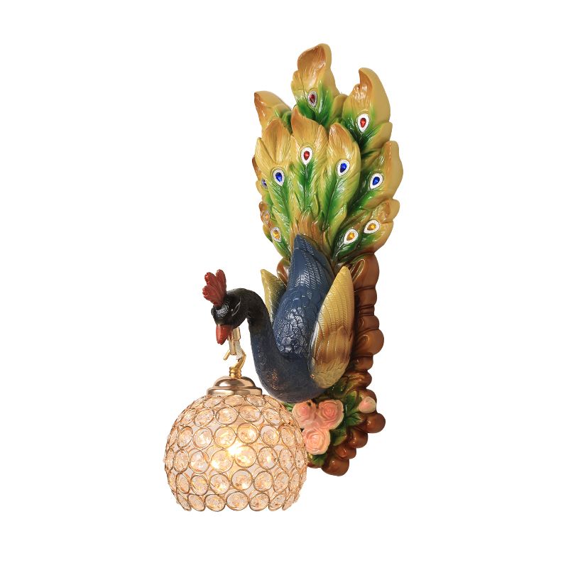 Spherical Bedroom Wall Sconce Farmhouse Clear Faceted Crystal 1 Light Blue/Green/Gold Wall Mounted Lighting with Peacock Design