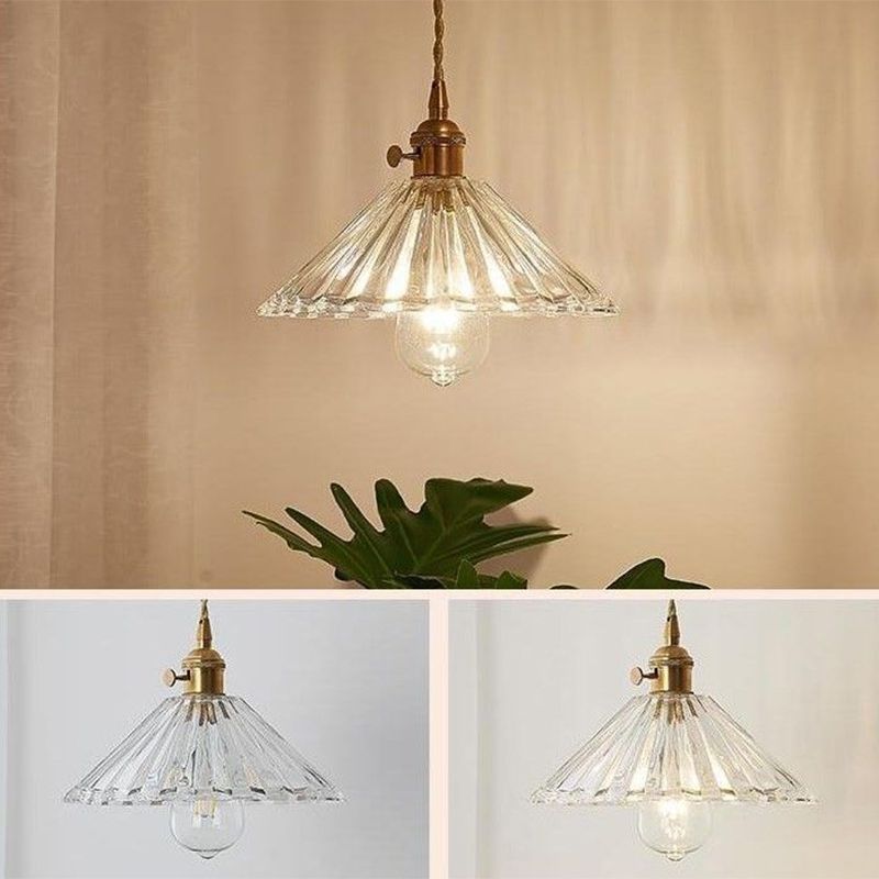 Cone Clear Ribbed Glass Hanging Light Simplicity 1 Bulb Restaurant Pendant Light Fixture