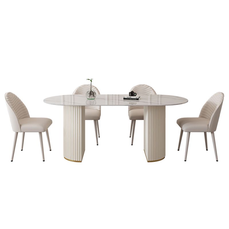 Modern Oval Dining Table Stone and Metal Double Pedestal Dining Table in White