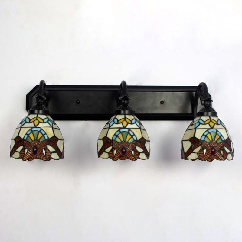 Dome Stained Glass Wall Mount Light Baroque 3 Heads Brown Sconce Lighting for Hallway