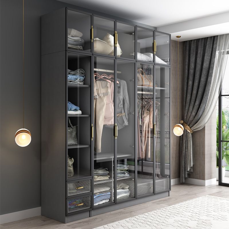 Contemporary Style Glass Wardrobe Grey Colour Wardrobe Closet