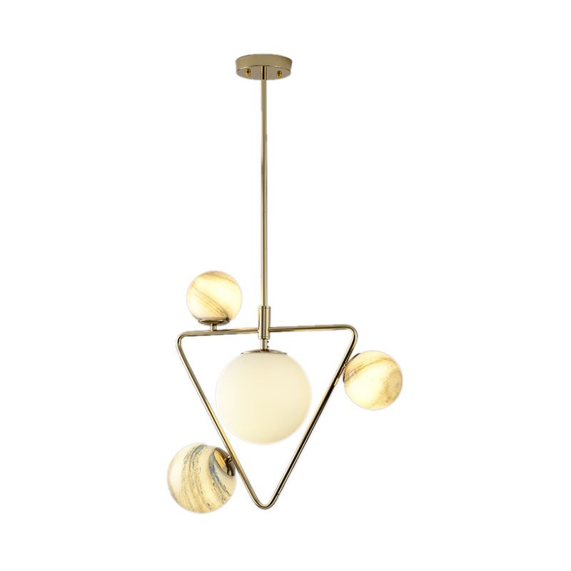 Nordic Ball Chandelier Light Frosted Glass 4-Bulb Living Room Pendant Lamp in Gold with Triangle Cage