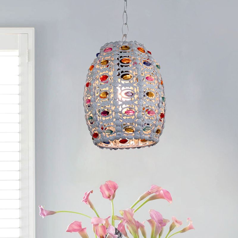 5"/6" Wide White 1 Light Pendant Lighting Traditional Stained Glass Cylinder/Barrel Hanging Light Fixture