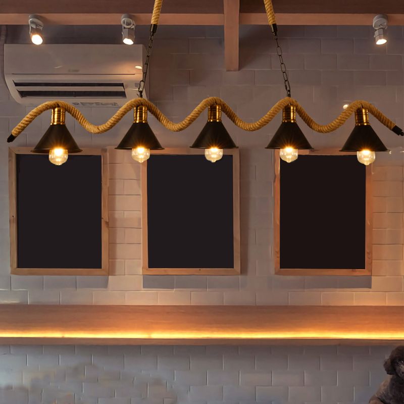 Hemp Rope Island Ceiling Light Vintage Style Restaurant Island Chandelier Light with Cone Metal Shade