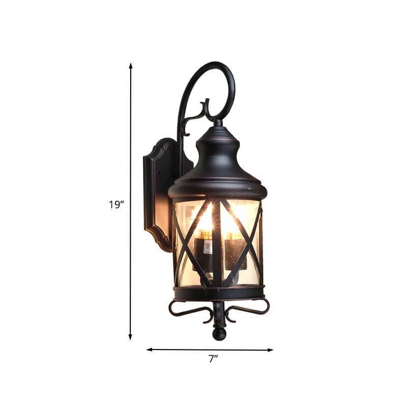 Iron Black Wall Lighting Fixture Lantern 2 Bulbs Rural Wall Sconce with Clear Glass Shade