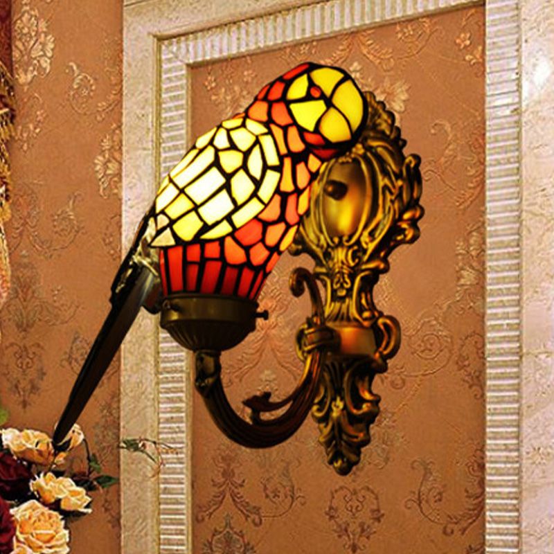 1 Light Wall Mounted Lighting Tiffany Parrot Shaped Stained Glass Sconce Light in Gold with Curvy Arm