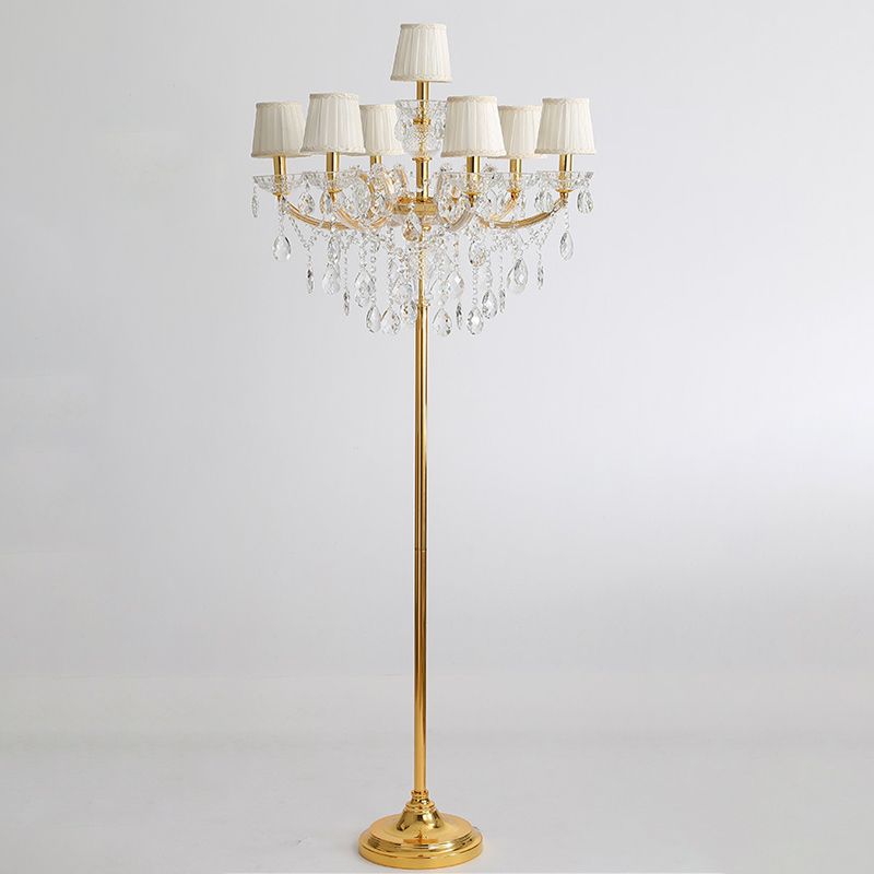 Fabric Pleated Lampshade Floor Light Traditional 7 Heads Living Room Standing Lamp in Gold with Crystal Accent