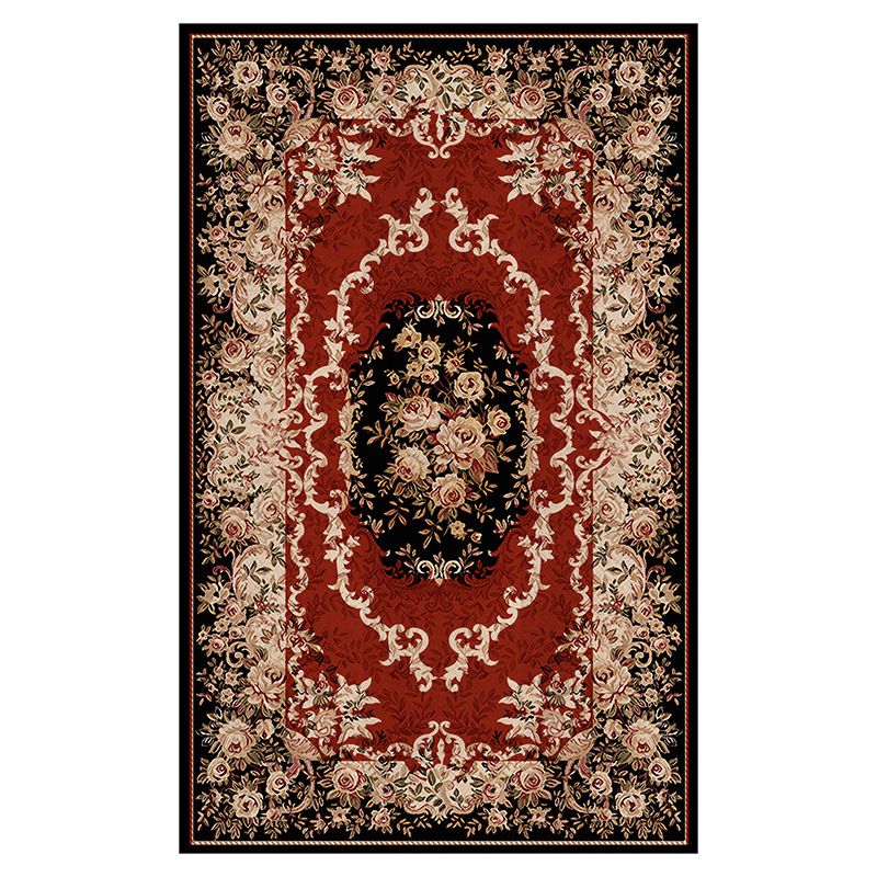 Wine Red Vintage Rug Polyester Medallion Rug Washable Rug for Drawing Room