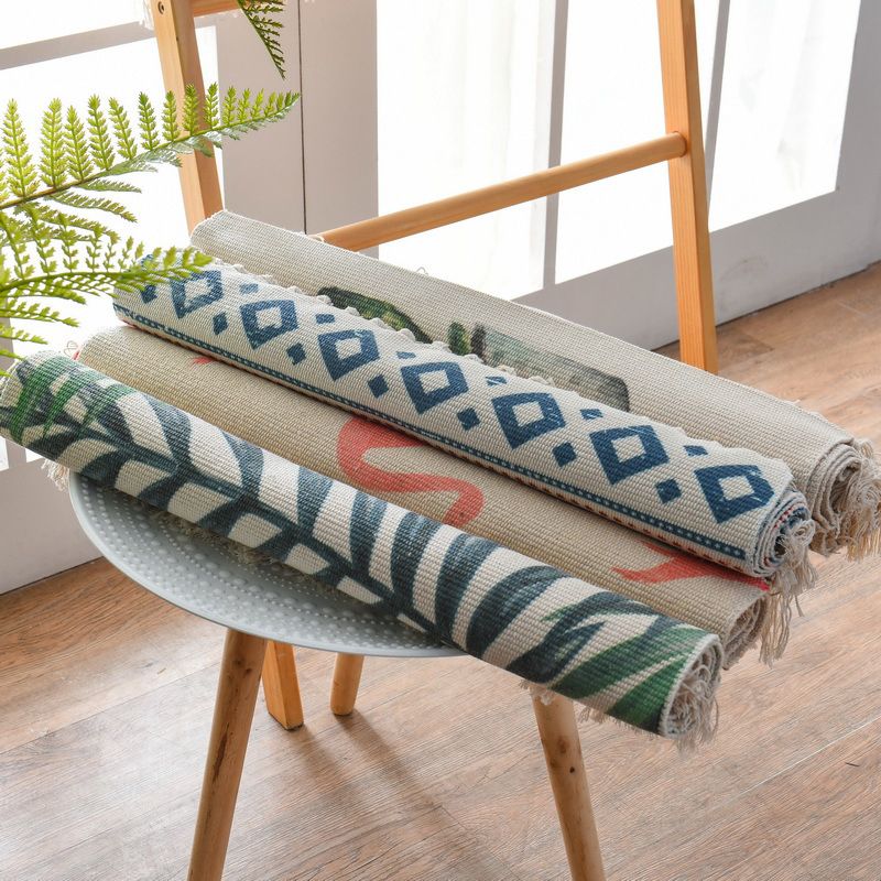 Western Bedroom Rug Multi-Colored Geometric Print Carpet Cotton Blend Machine Washable Easy Care Rug with Fringe