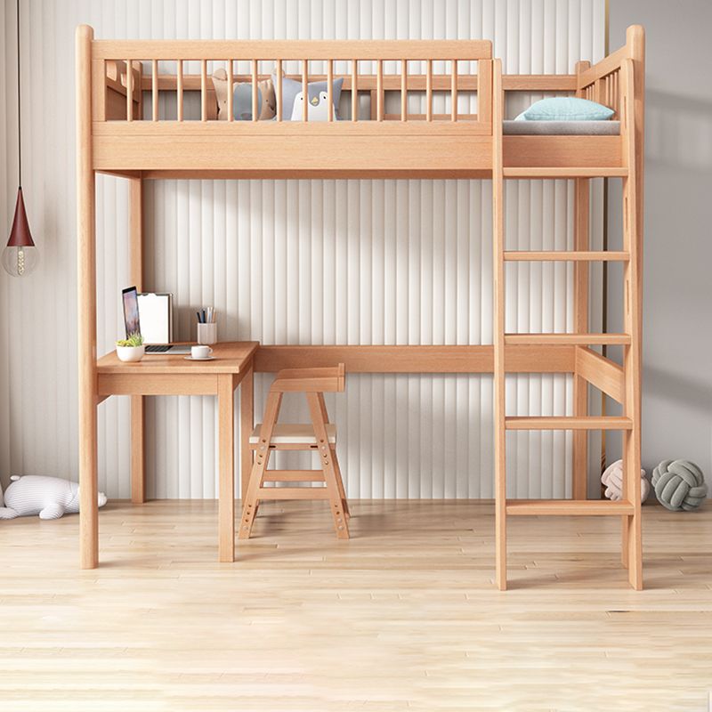 Contemporary Natural Loft Bed with Guardrail and Mattress in Solid Wood