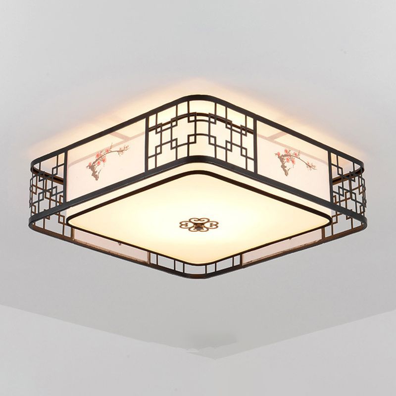 Noir 5-Fixation du plafond de la lumière dans le style traditionnel Concise en fer forgé Geometric Flush Mount with Embroidered Fabrics Shade
