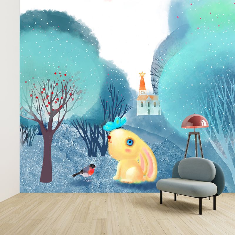 Cartoon Animal Wallpaper Mural Blue-White Rural Landscape Wall Covering for Nursery